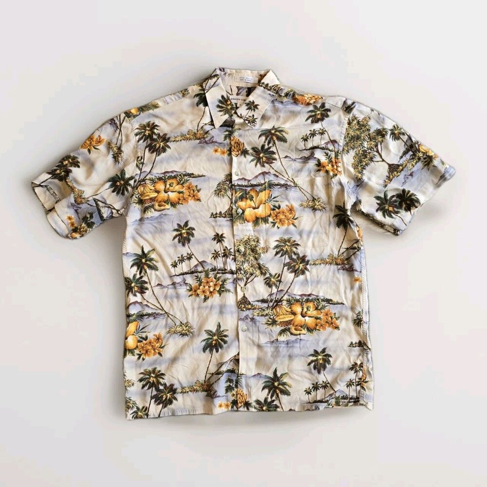 Pierre Cardin‎ Hawaiian Shirt Mens Size Medium Tropical Flowers Palm Trees